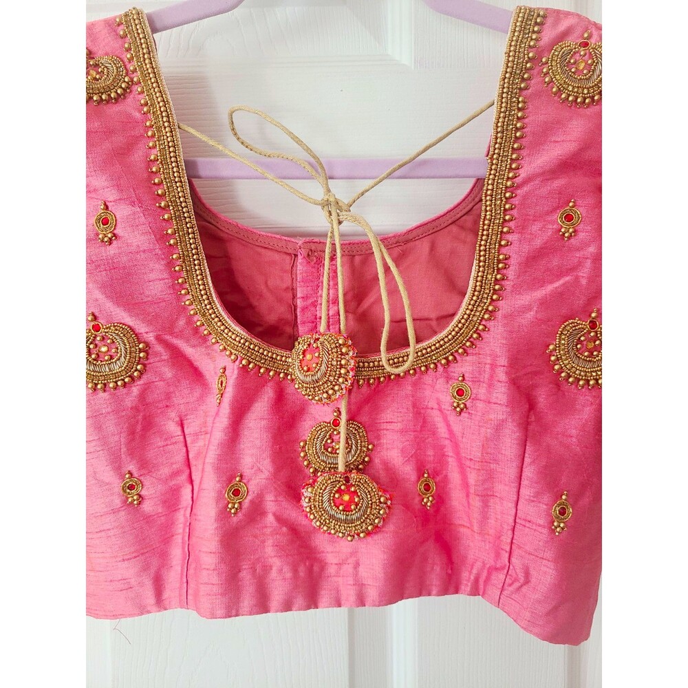 Women Pink Embroidered Raw Silk Blend Choli Blouse Short Sleeve Tie Back Size S